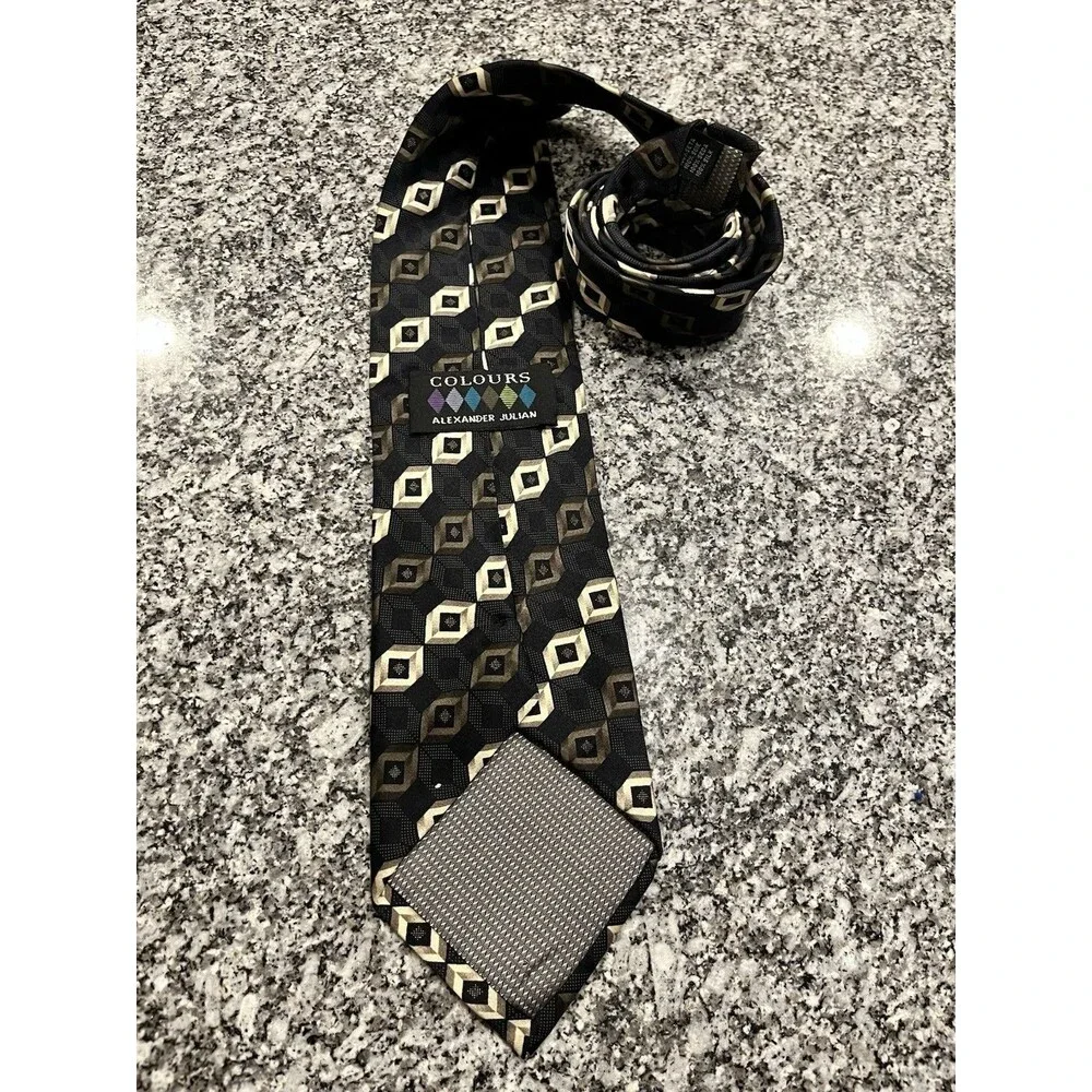 Alexander Julian Men's Black Beige Brown Geometric Pointed Tie 100% silk 0060